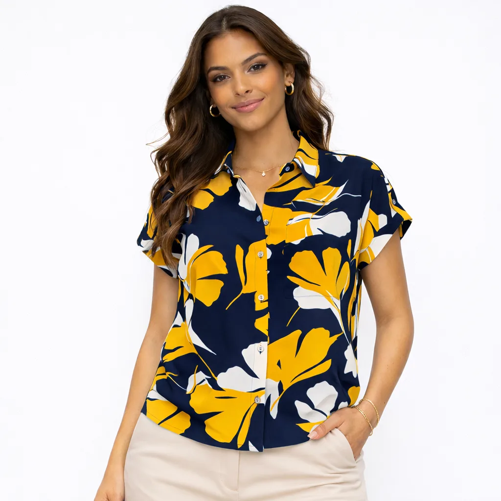 Printed Short Sleeved Collared Button Down Blouse image 1